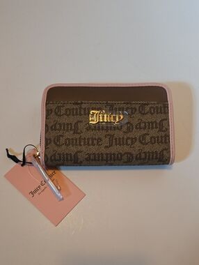 Juicy Couture Brown Monogram Wallet with Pink Trim and Gold Logo